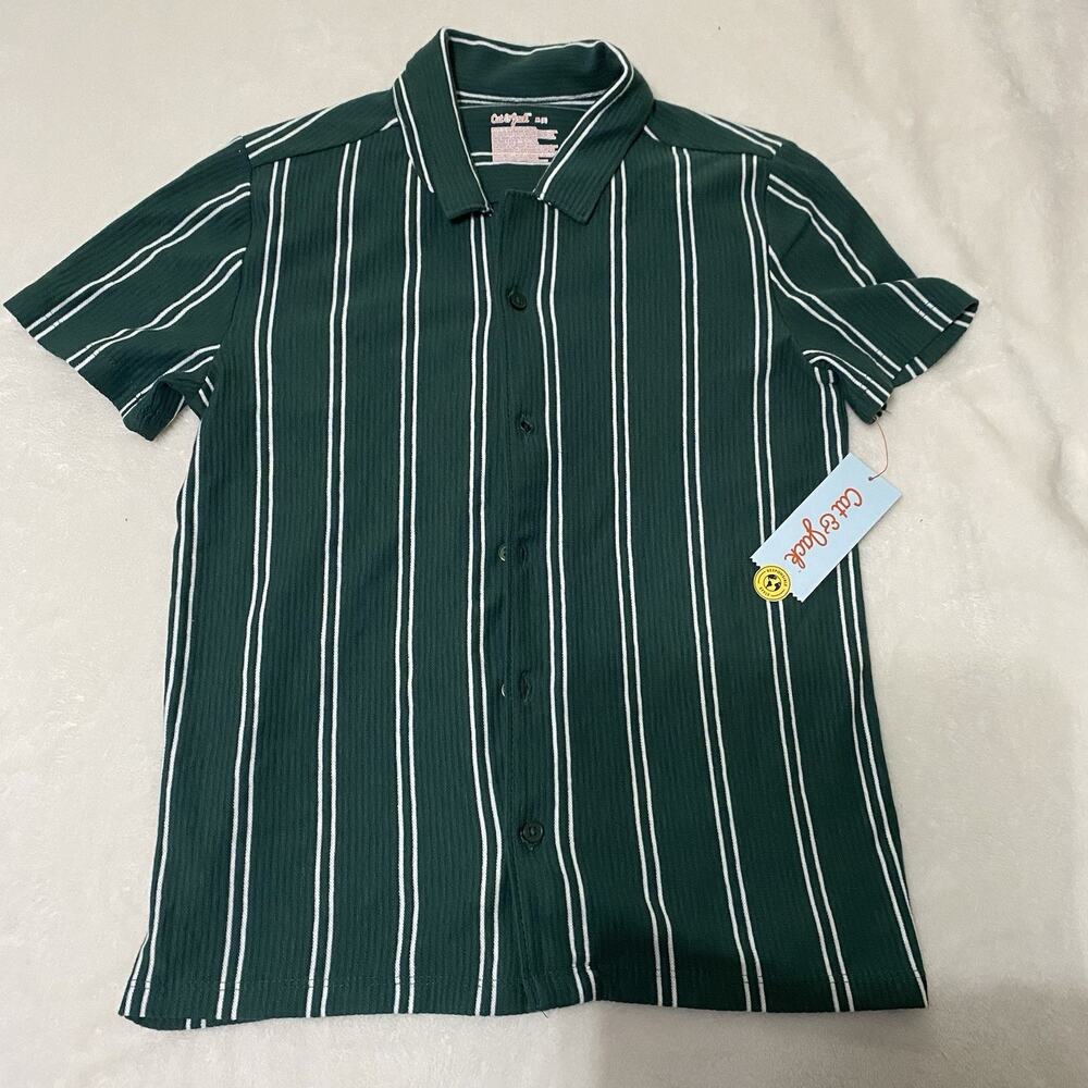 NWT Cat & Jack Short Sleeve Green &White Striped Button Down Shirt Boys Size M